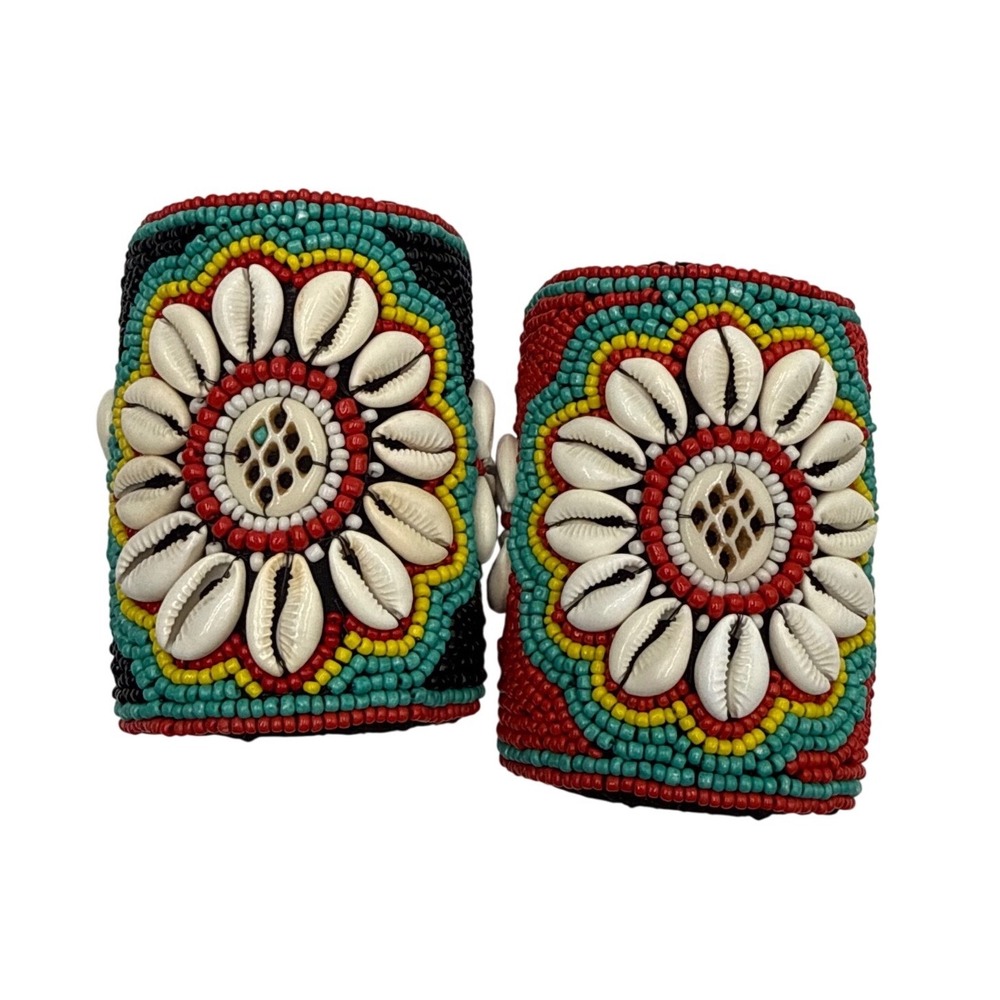 Handmade Cowrie Shell Beaded Cuff Bracelets Set 2 Multicolor Boho Statement